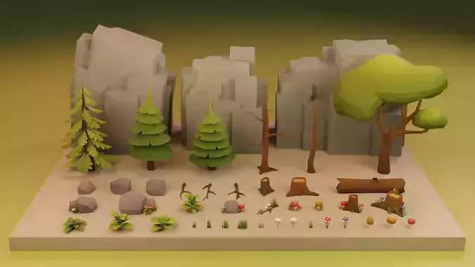 Low Poly Cartoon Trees Grass Plants and Rocks Low-poly 3D model