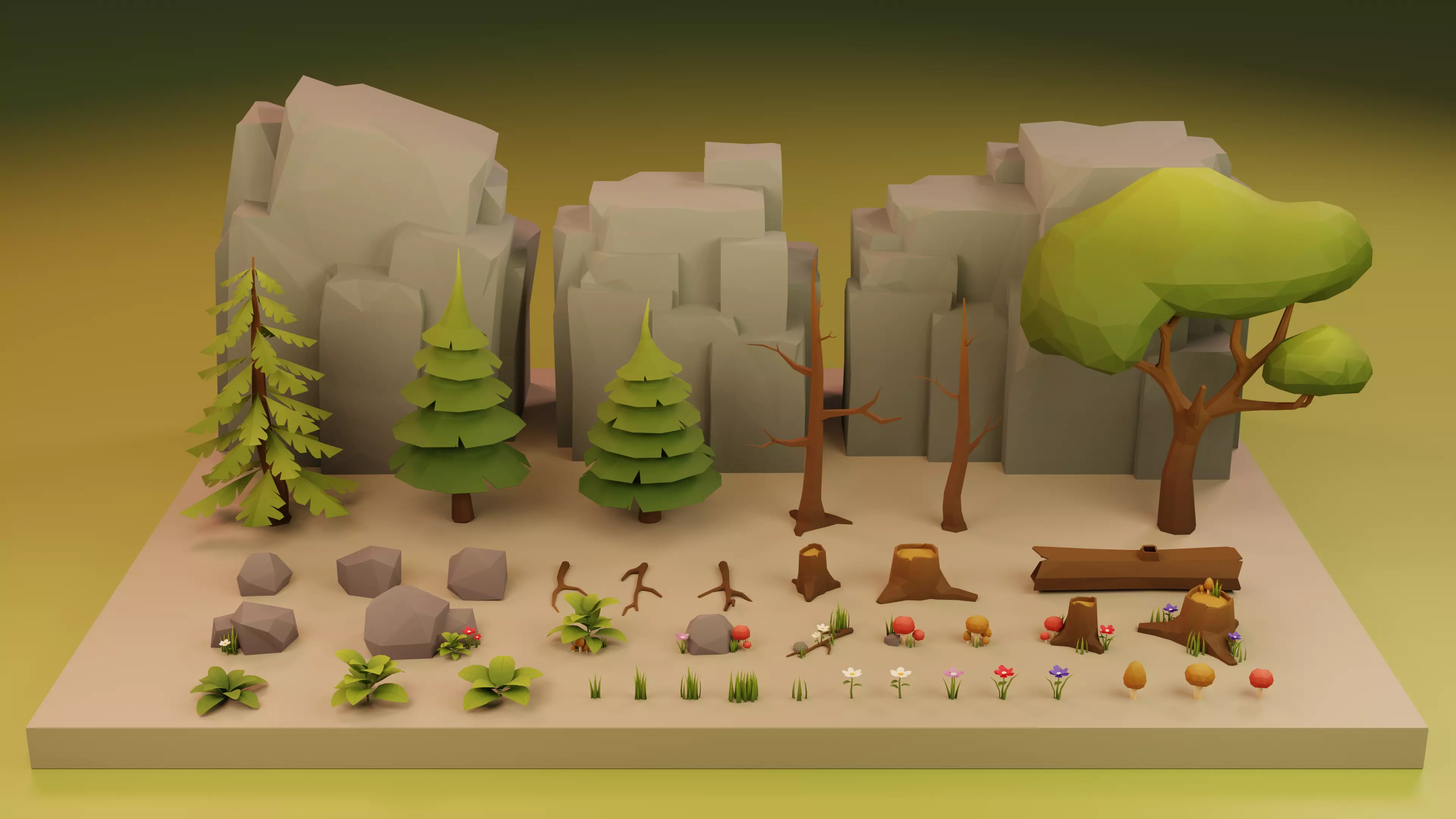 Low Poly Cartoon Trees Grass Plants and Rocks Low-poly 3D model_0