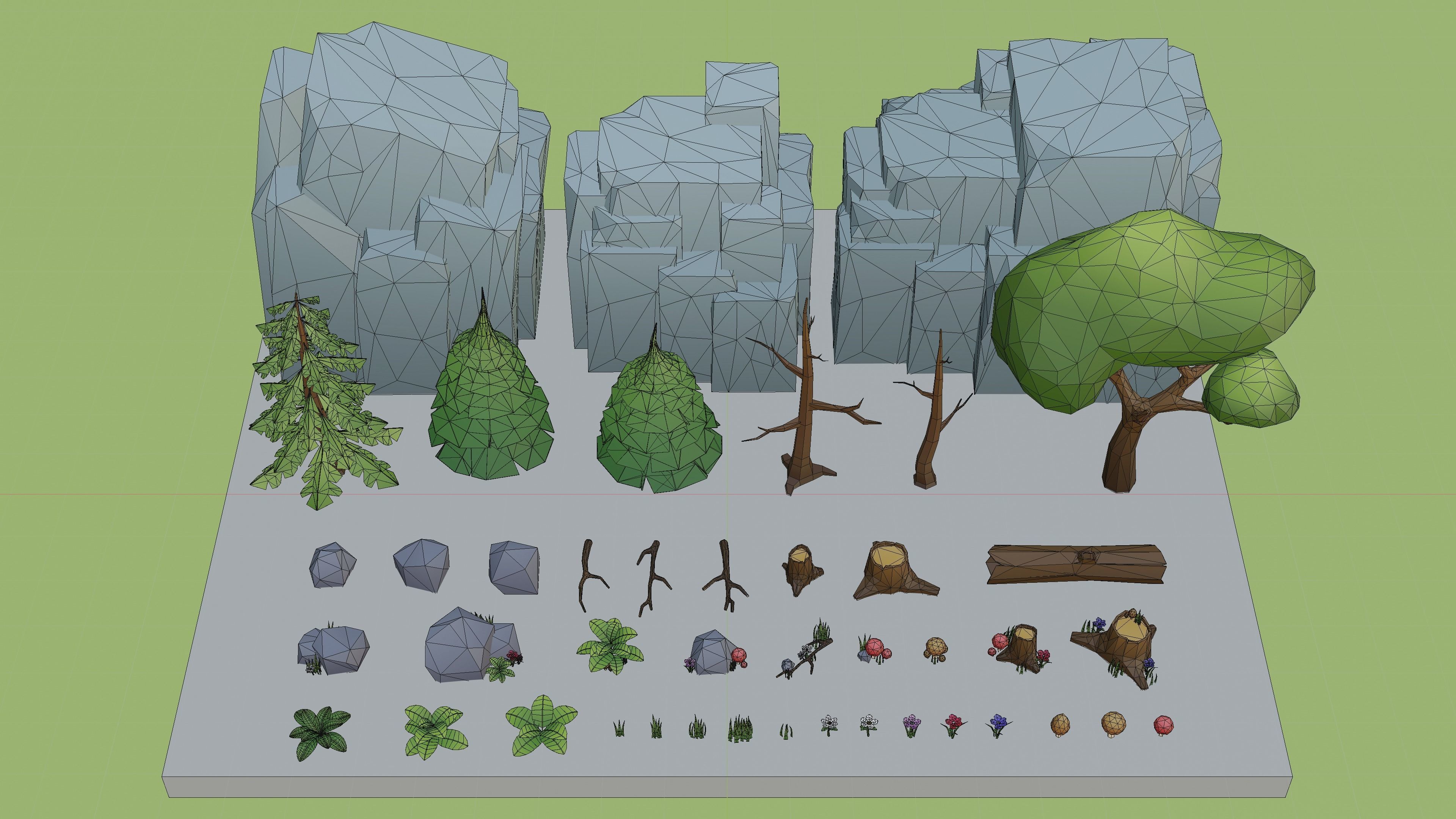 Low Poly Cartoon Trees Grass Plants and Rocks Low-poly 3D model_15
