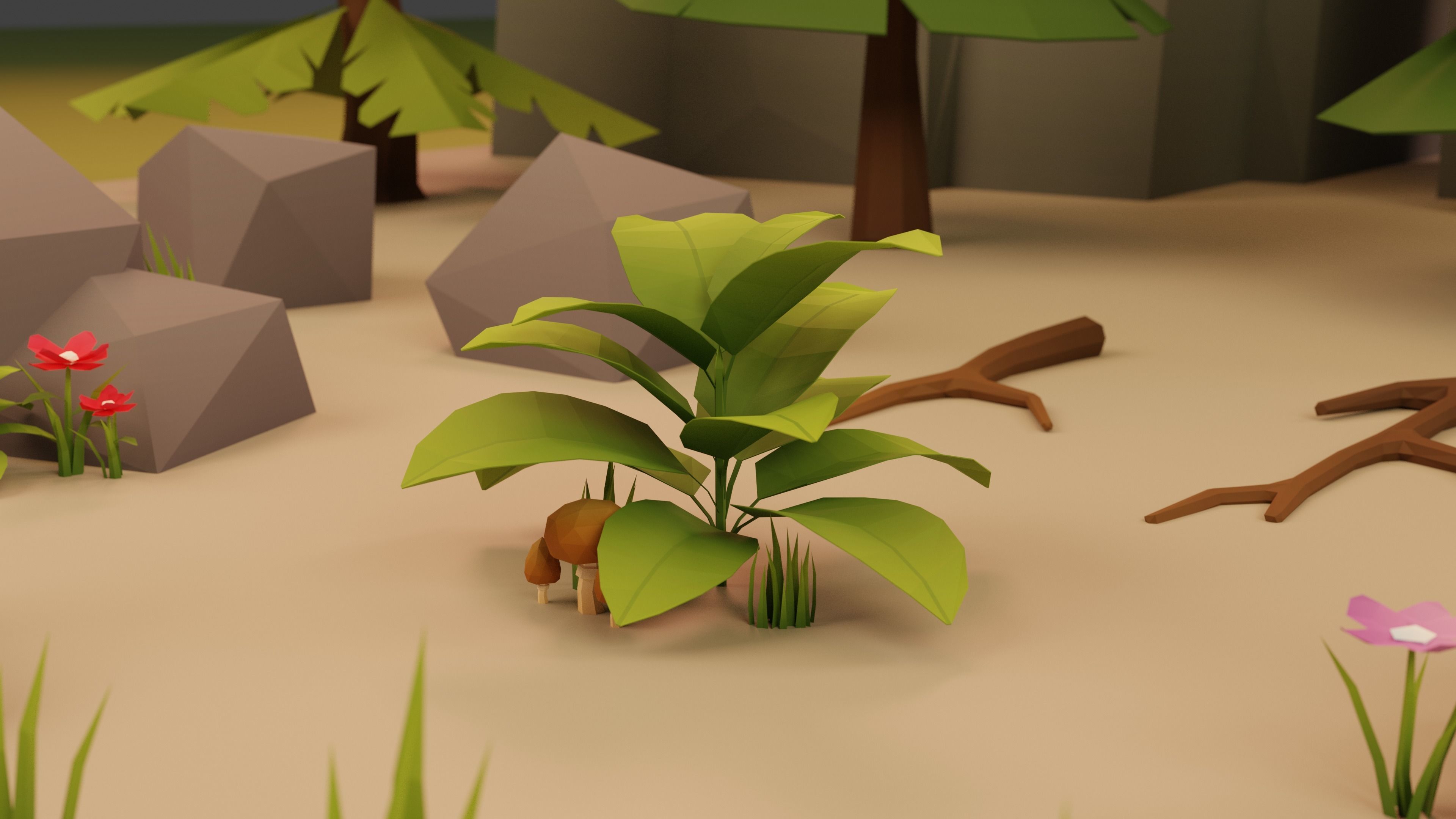 Low Poly Cartoon Trees Grass Plants and Rocks Low-poly 3D model_4