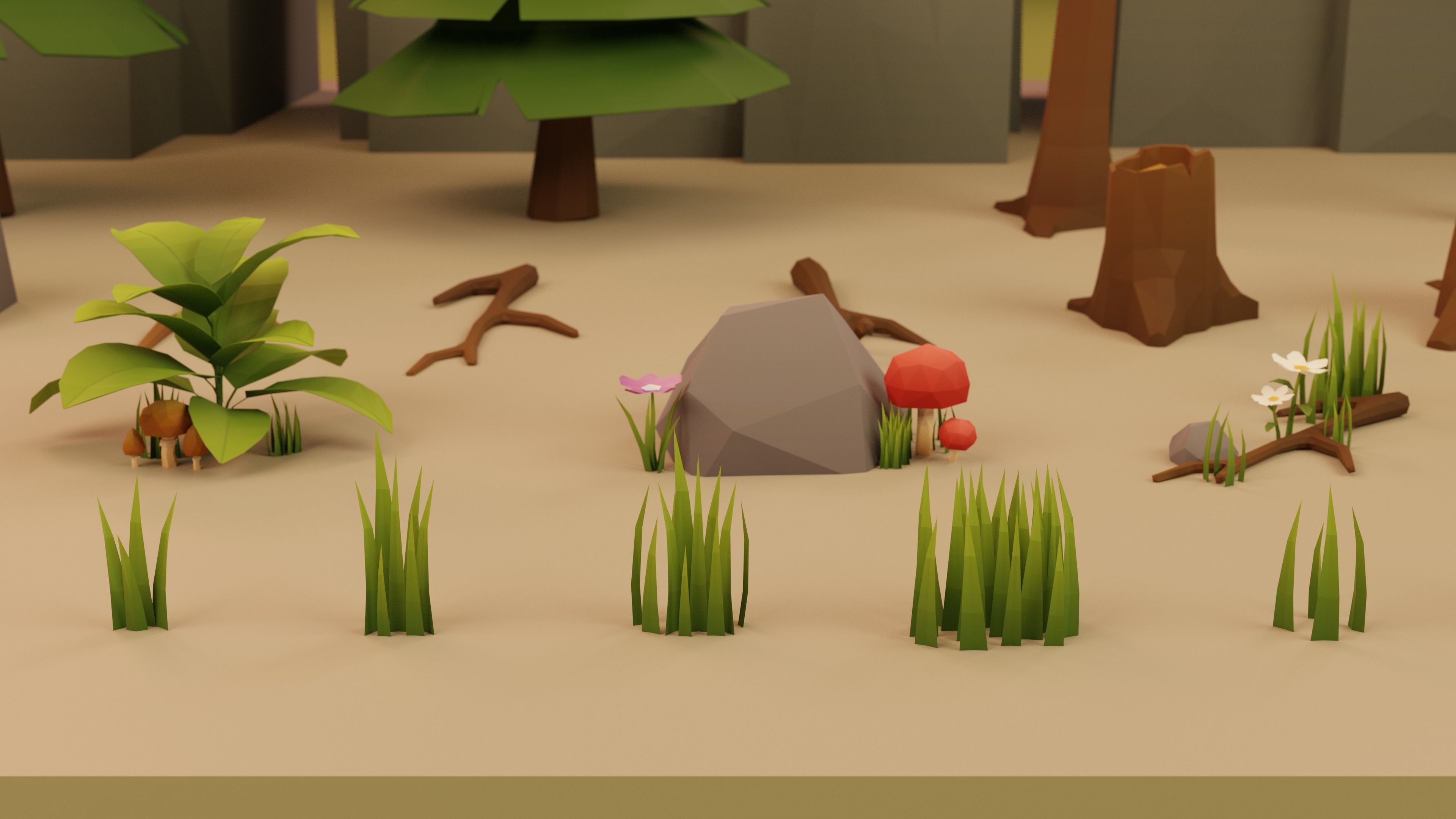 Low Poly Cartoon Trees Grass Plants and Rocks Low-poly 3D model_7