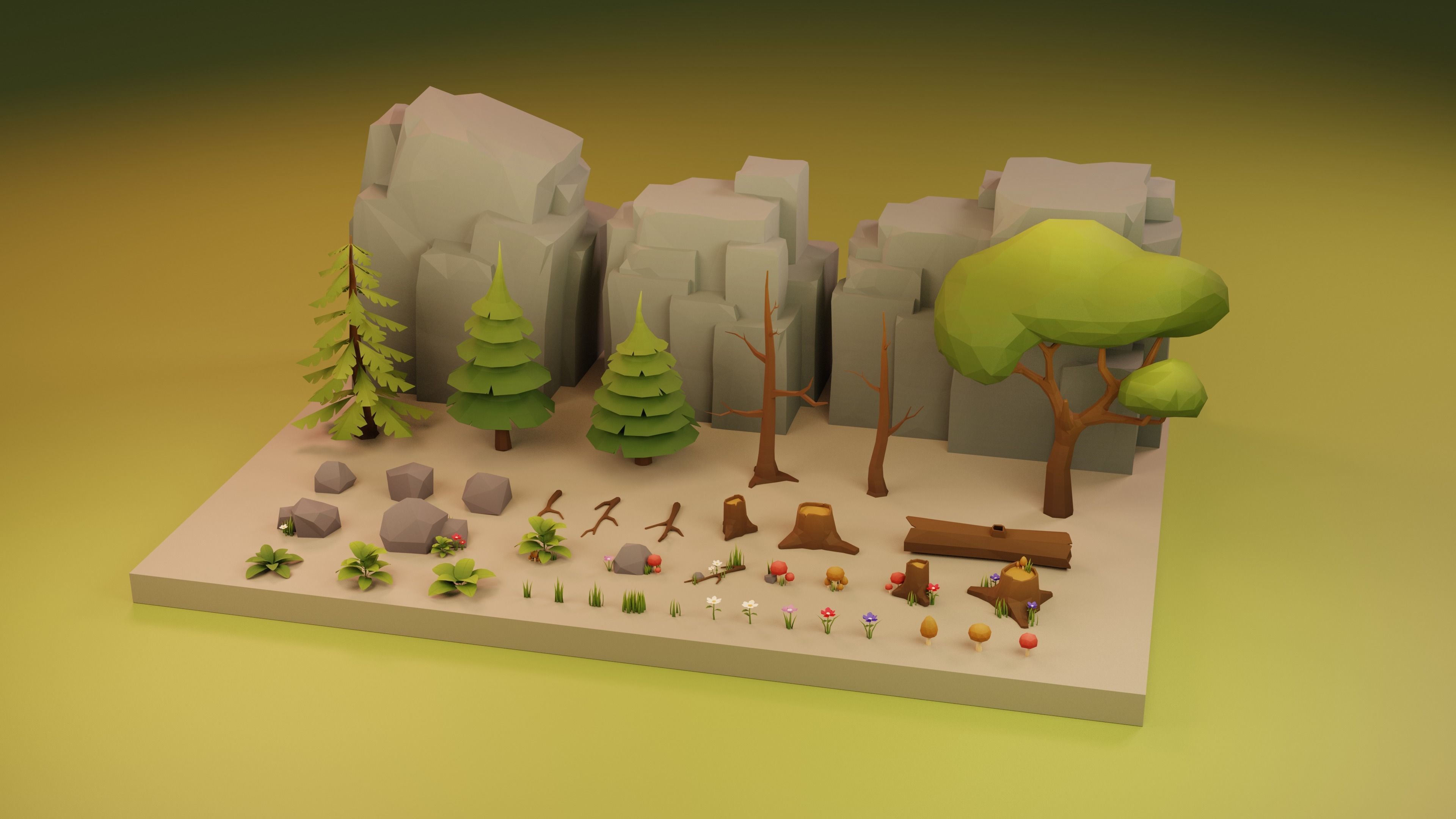 Low Poly Cartoon Trees Grass Plants and Rocks Low-poly 3D model_12