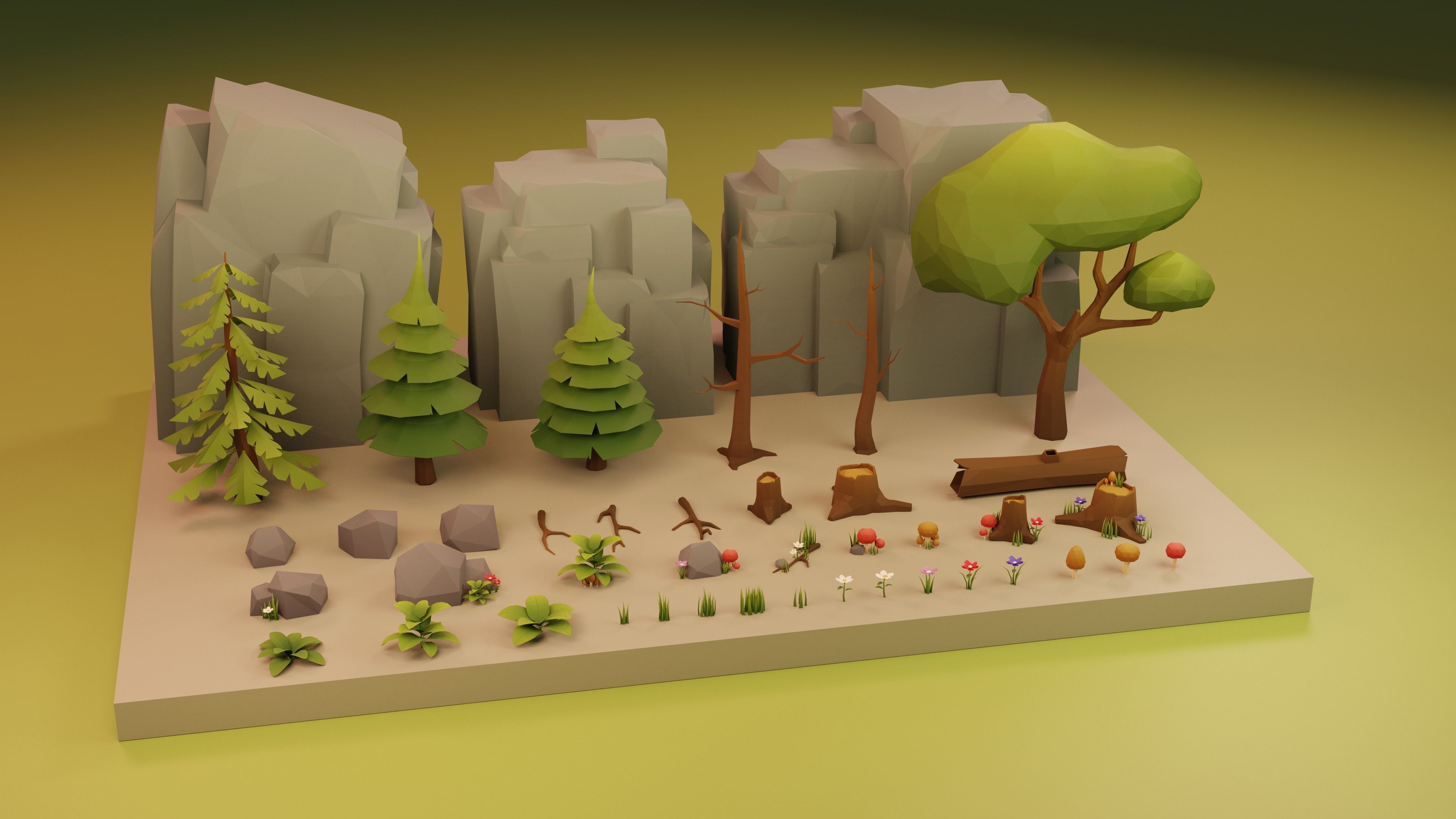 Low Poly Cartoon Trees Grass Plants and Rocks Low-poly 3D model_1