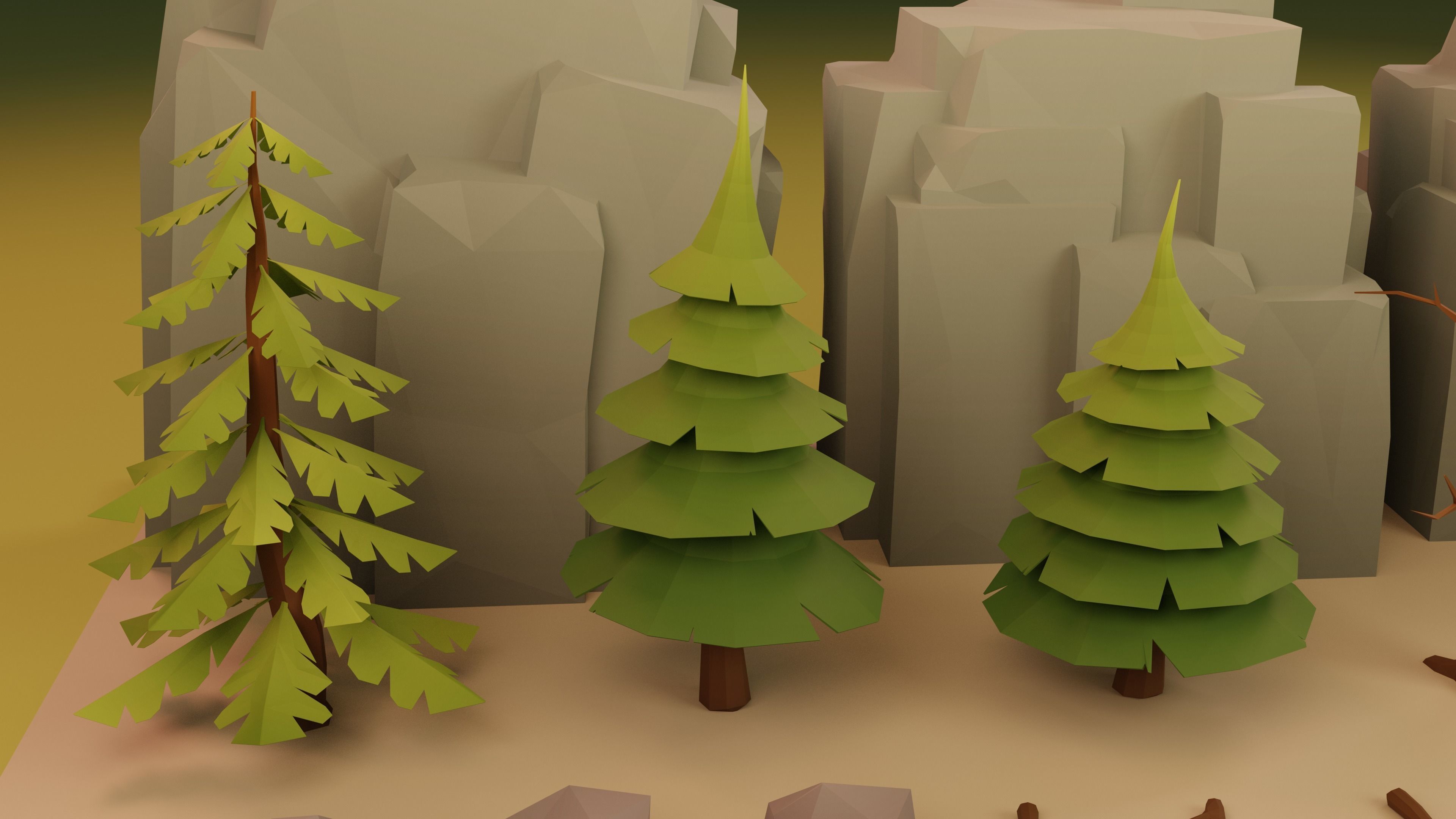 Low Poly Cartoon Trees Grass Plants and Rocks Low-poly 3D model_9