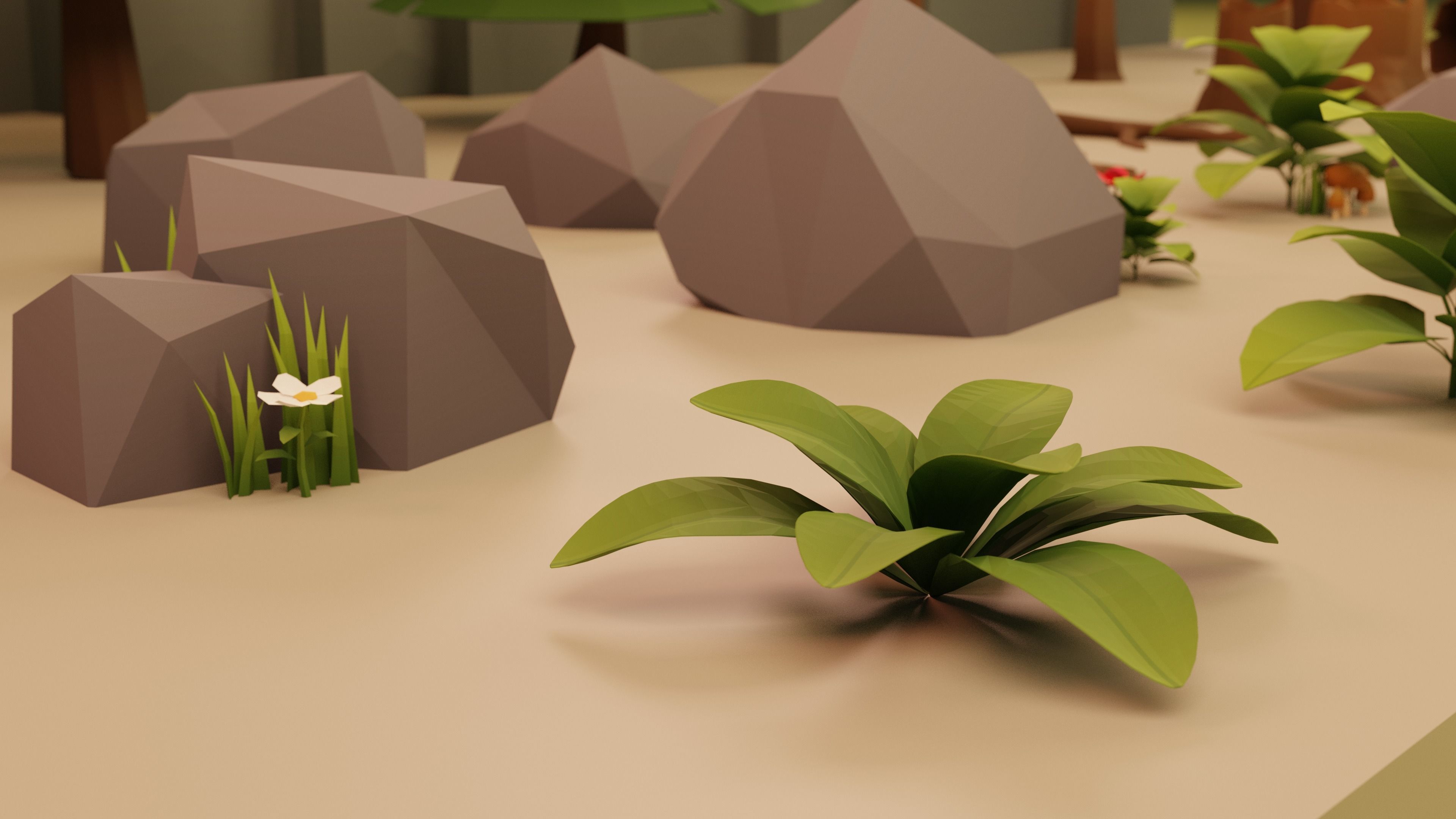 Low Poly Cartoon Trees Grass Plants and Rocks Low-poly 3D model_3