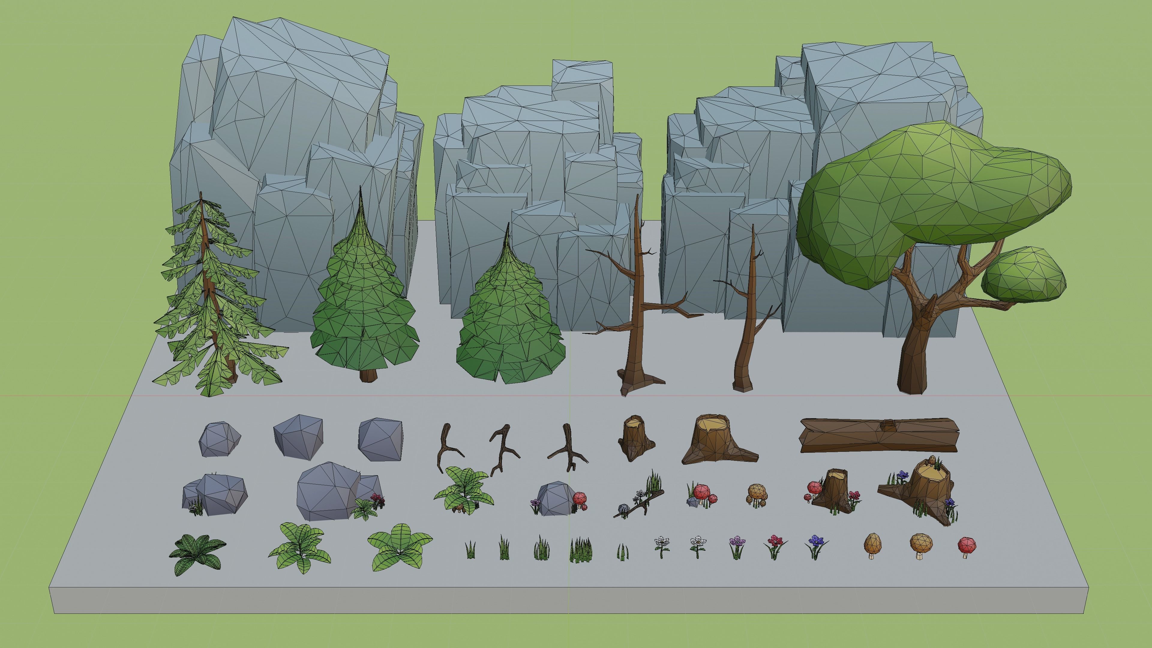Low Poly Cartoon Trees Grass Plants and Rocks Low-poly 3D model_14