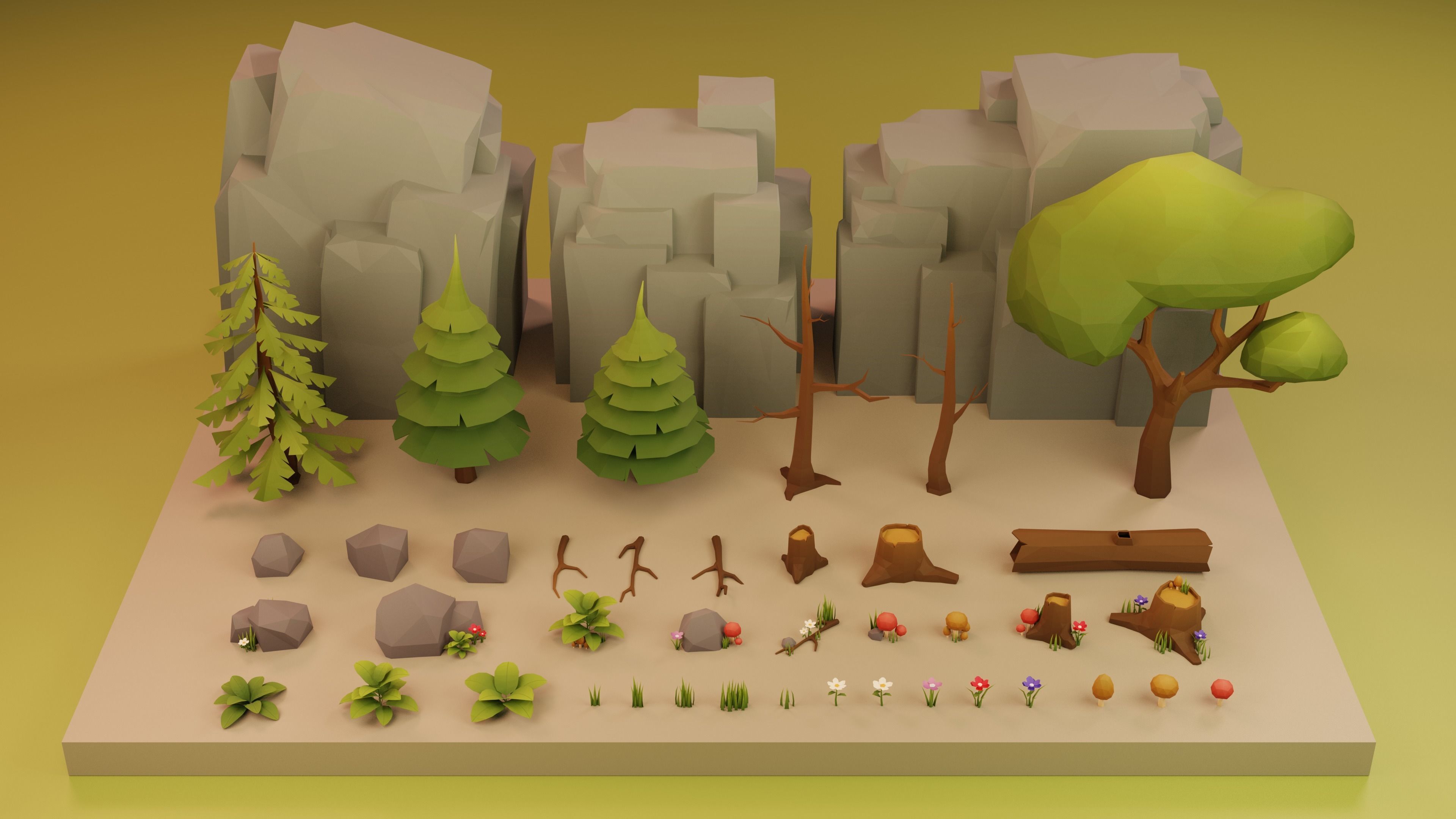 Low Poly Cartoon Trees Grass Plants and Rocks Low-poly 3D model_11