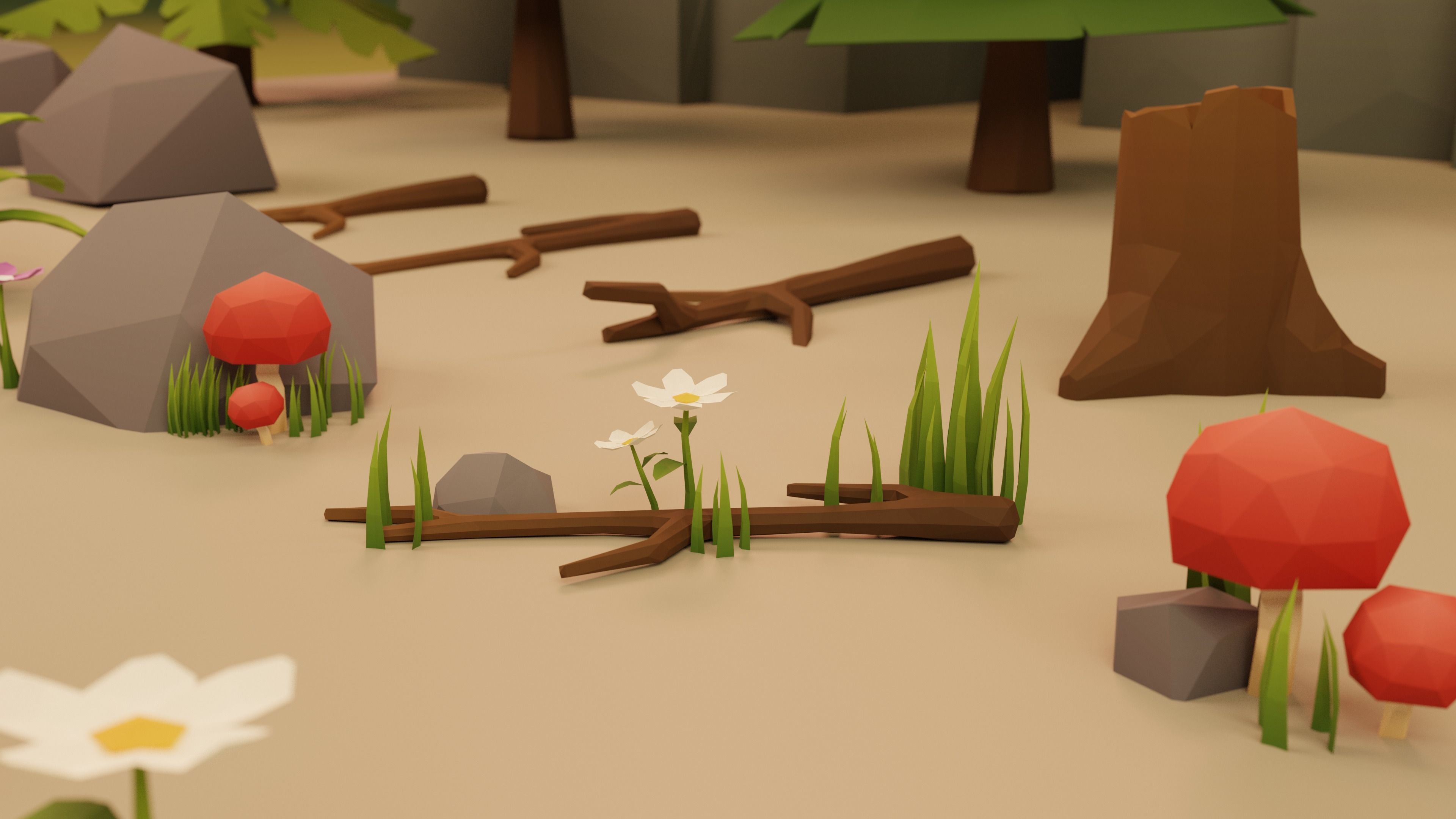 Low Poly Cartoon Trees Grass Plants and Rocks Low-poly 3D model_2