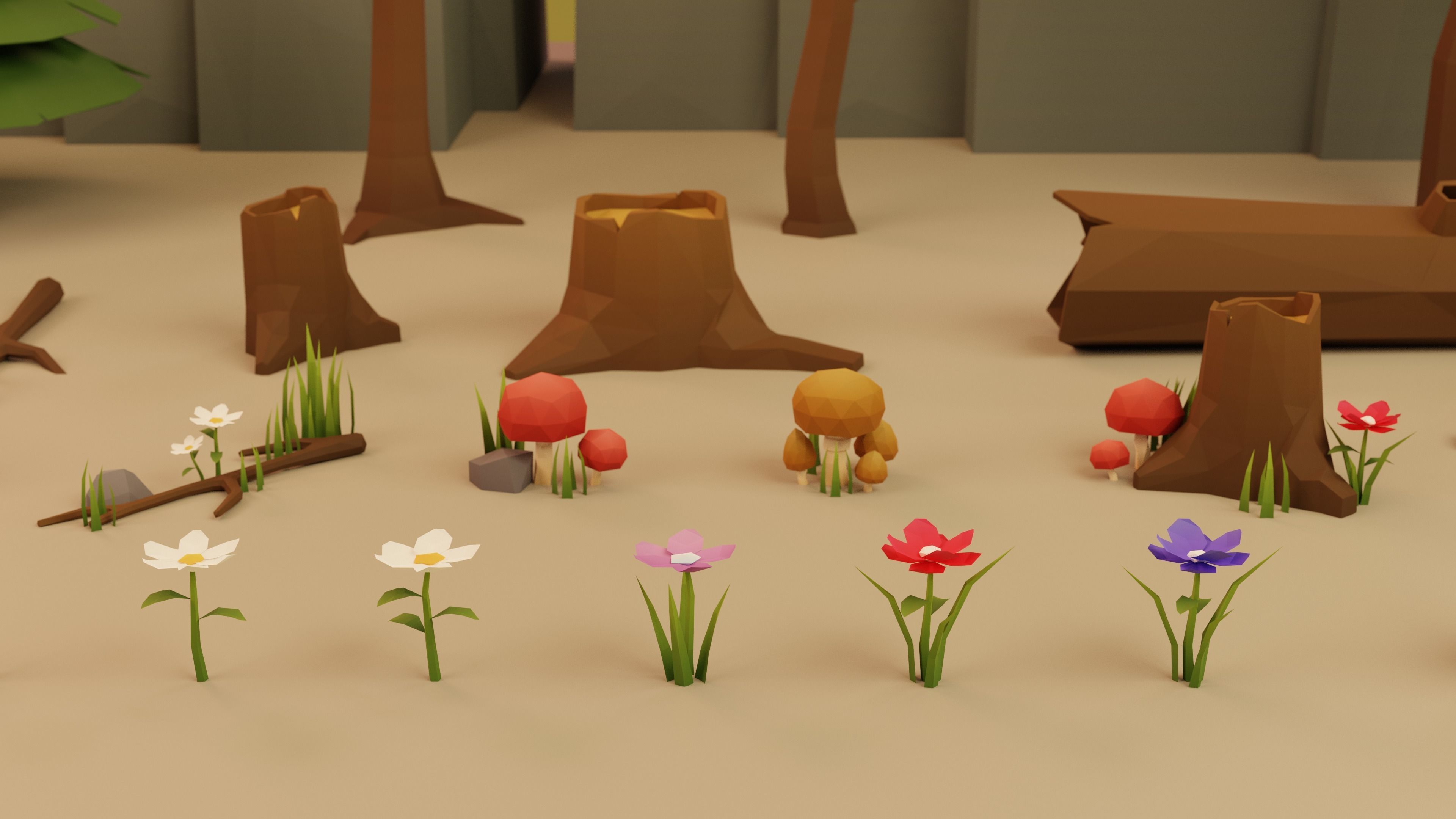 Low Poly Cartoon Trees Grass Plants and Rocks Low-poly 3D model_8