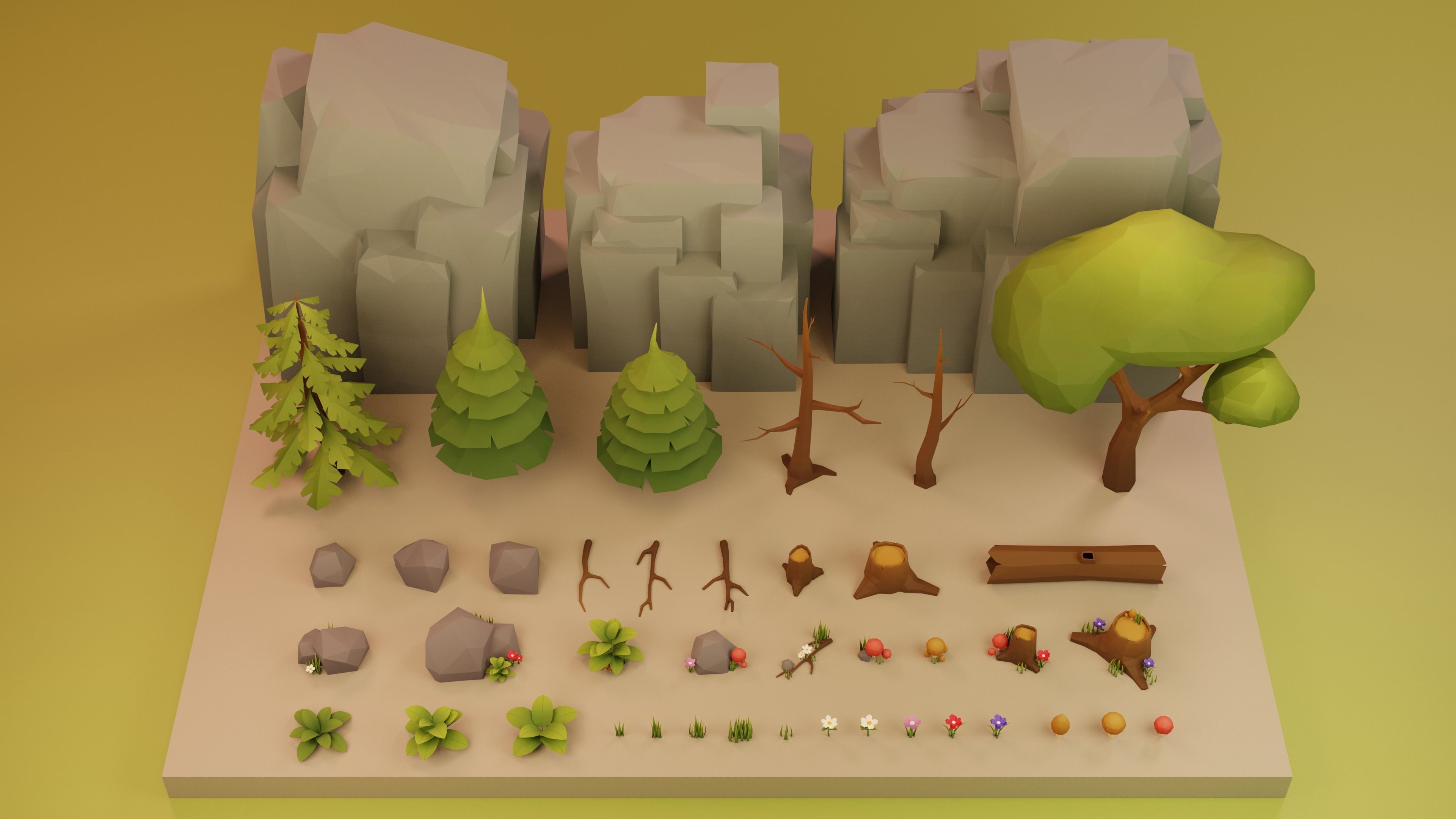 Low Poly Cartoon Trees Grass Plants and Rocks Low-poly 3D model_13