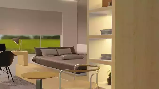 Bedroom room with bed and desk