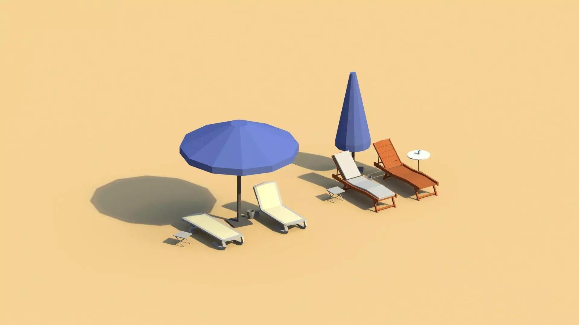Low Poly Sunbeds and Umbrellas Low-poly 3D model