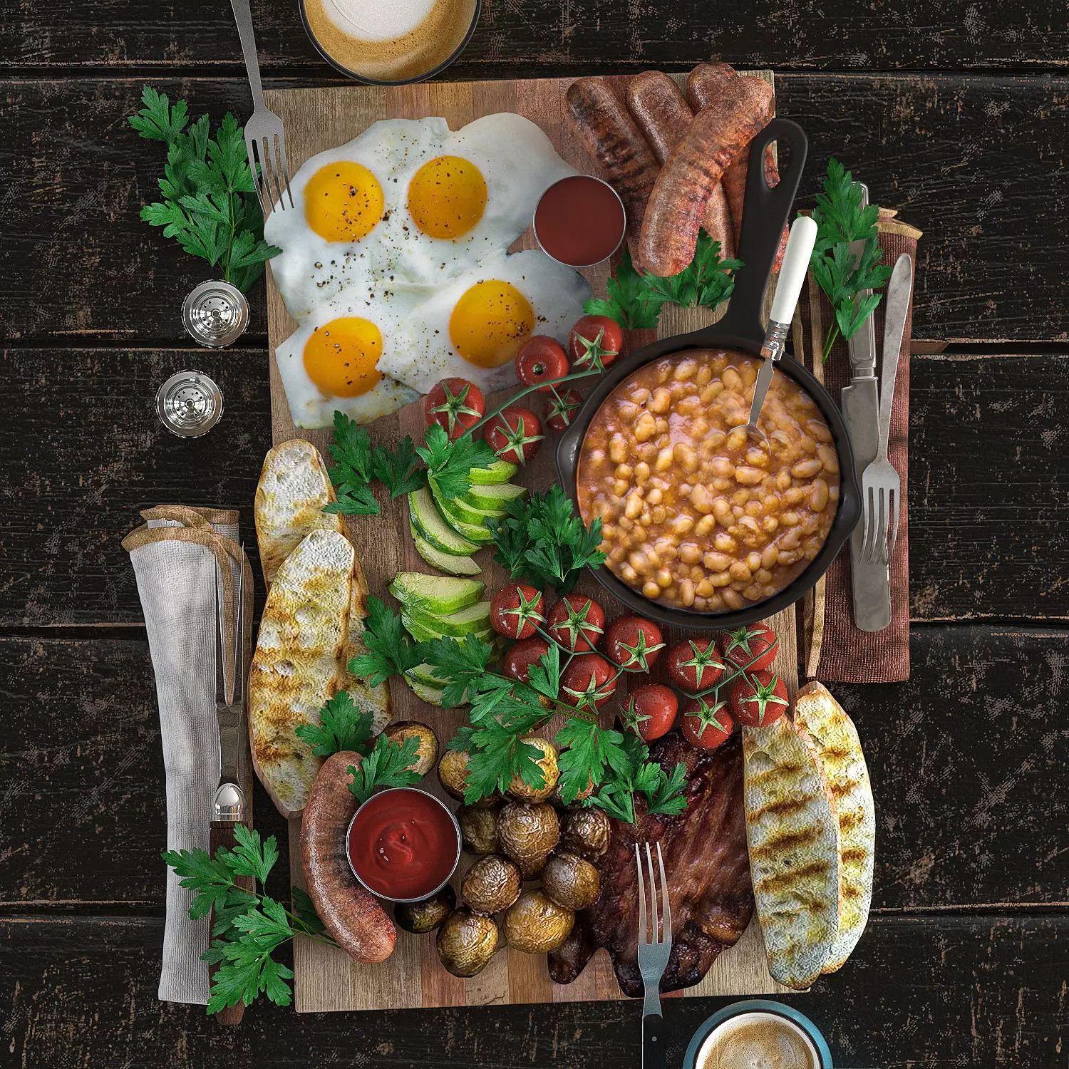 Full English Breakfast platter Low-poly 3D model_0