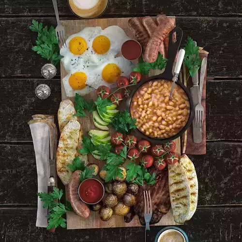 Full English Breakfast platter Low-poly 3D model