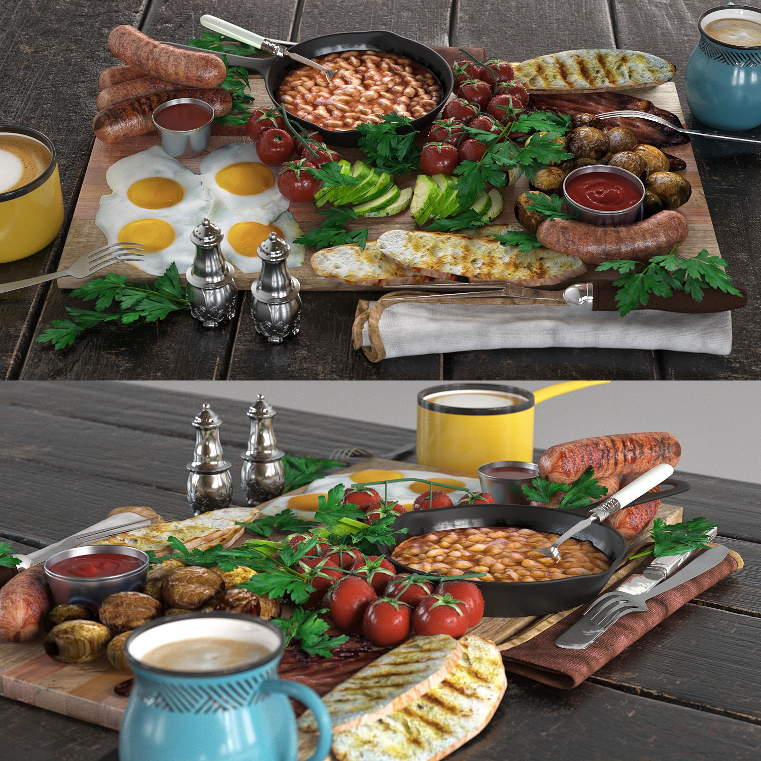 Full English Breakfast platter Low-poly 3D model_1