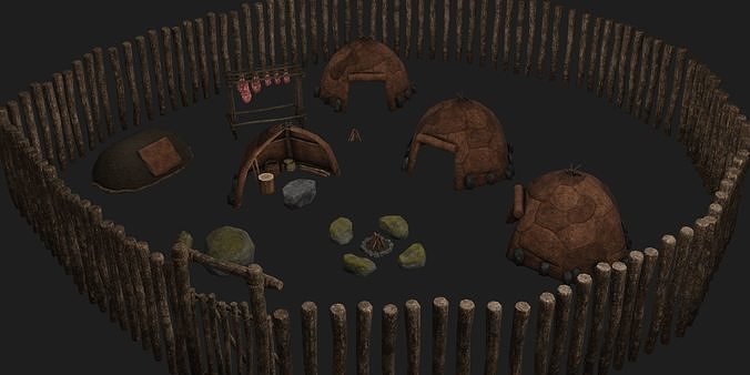 Neanderthal paleolithic primitive  fortified settlement Low-poly 3D model 2