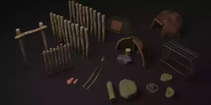 Neanderthal paleolithic primitive  fortified settlement Low-poly 3D model