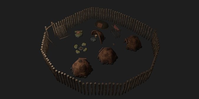 Neanderthal paleolithic primitive  fortified settlement Low-poly 3D model 3