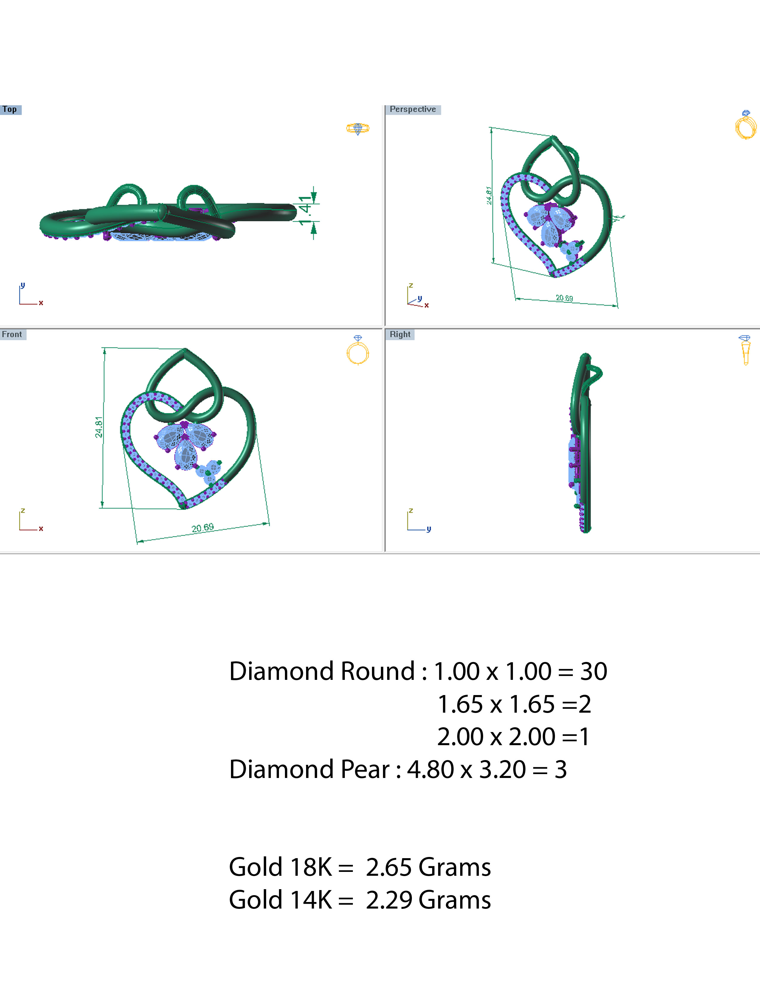 Pendant heart shaped diamond gold 3D print model_2