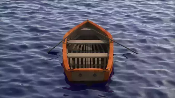 boat 3D model wooden floating in ocean