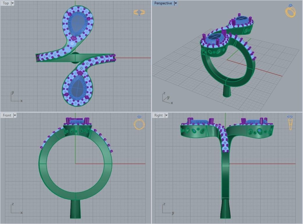 Pear-shaped Rubies and Diamonds Ring 3D print model_9