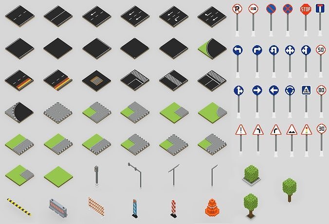 Voxel Road Sections And Signs Pack Low-poly 3D model