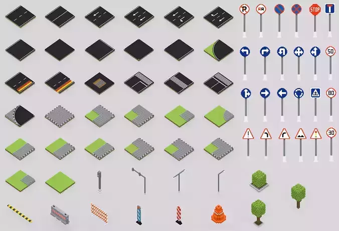 Voxel Road Sections And Signs Pack Low-poly 3D model