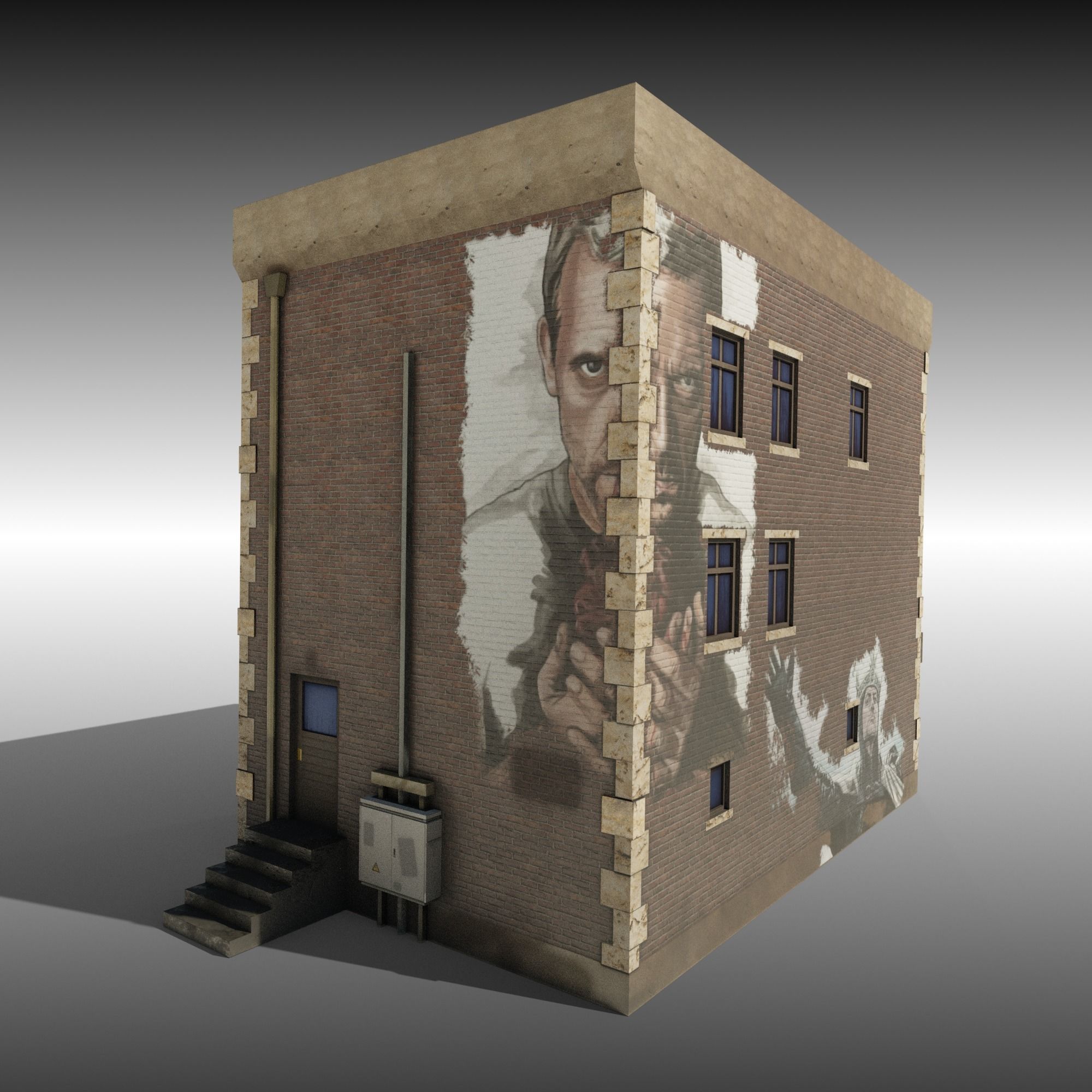 Low Poly Brick building with shop window Low-poly 3D model_2