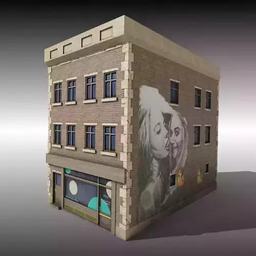 Low Poly Brick building with shop window Low-poly 3D model