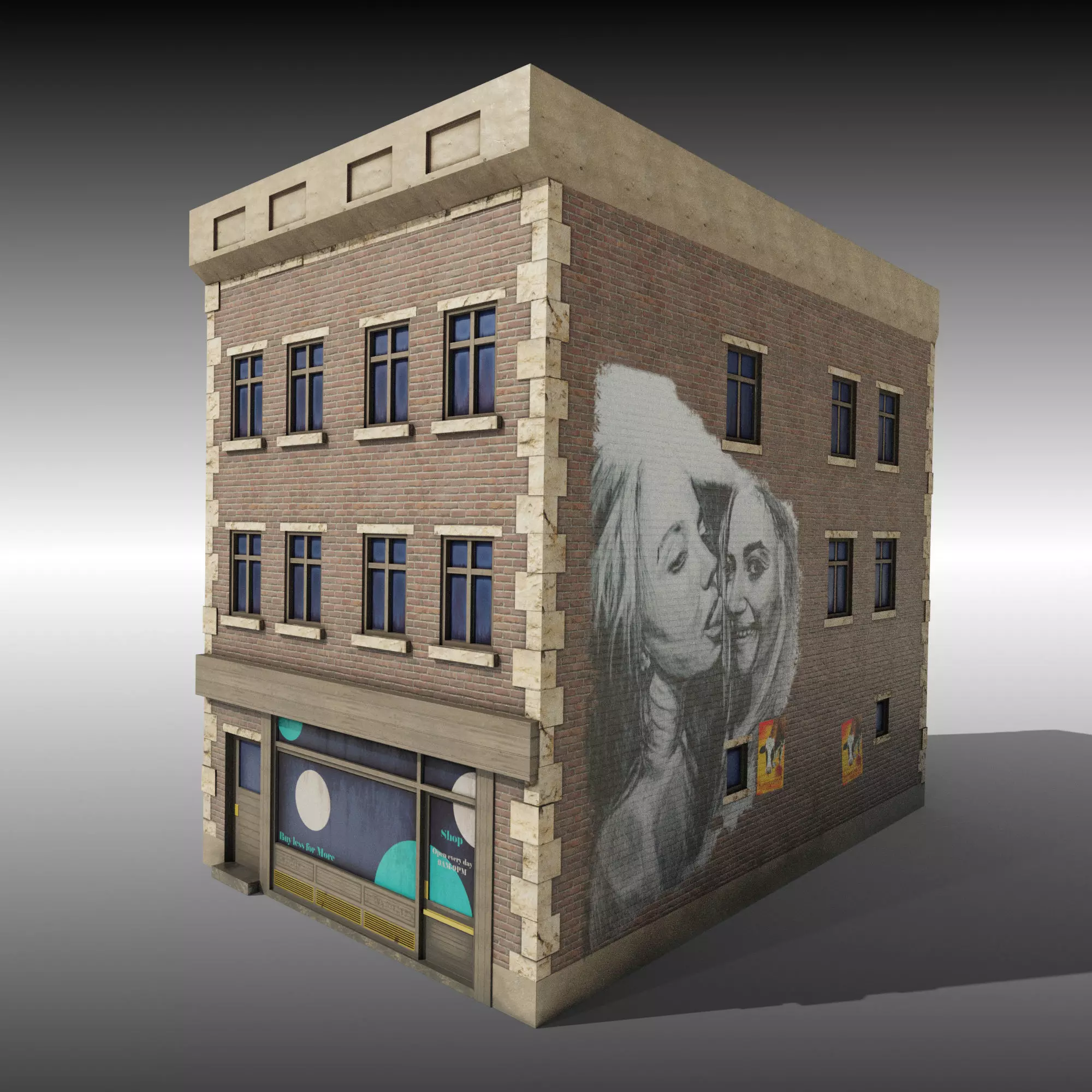 Low Poly Brick building with shop window Low-poly 3D model_0
