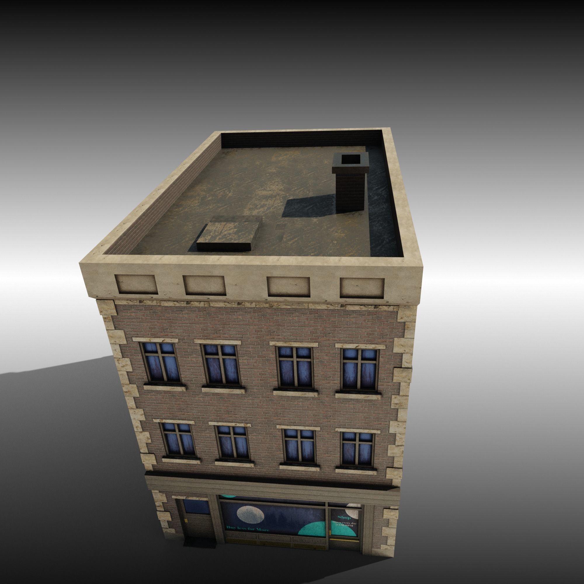 Low Poly Brick building with shop window Low-poly 3D model_4
