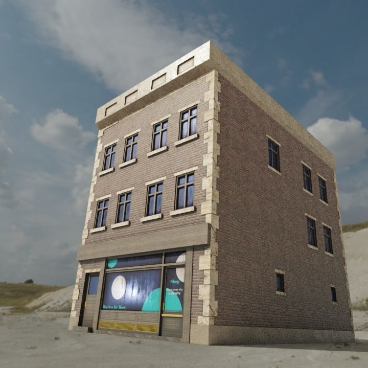 Low Poly Brick building with shop window Low-poly 3D model_8