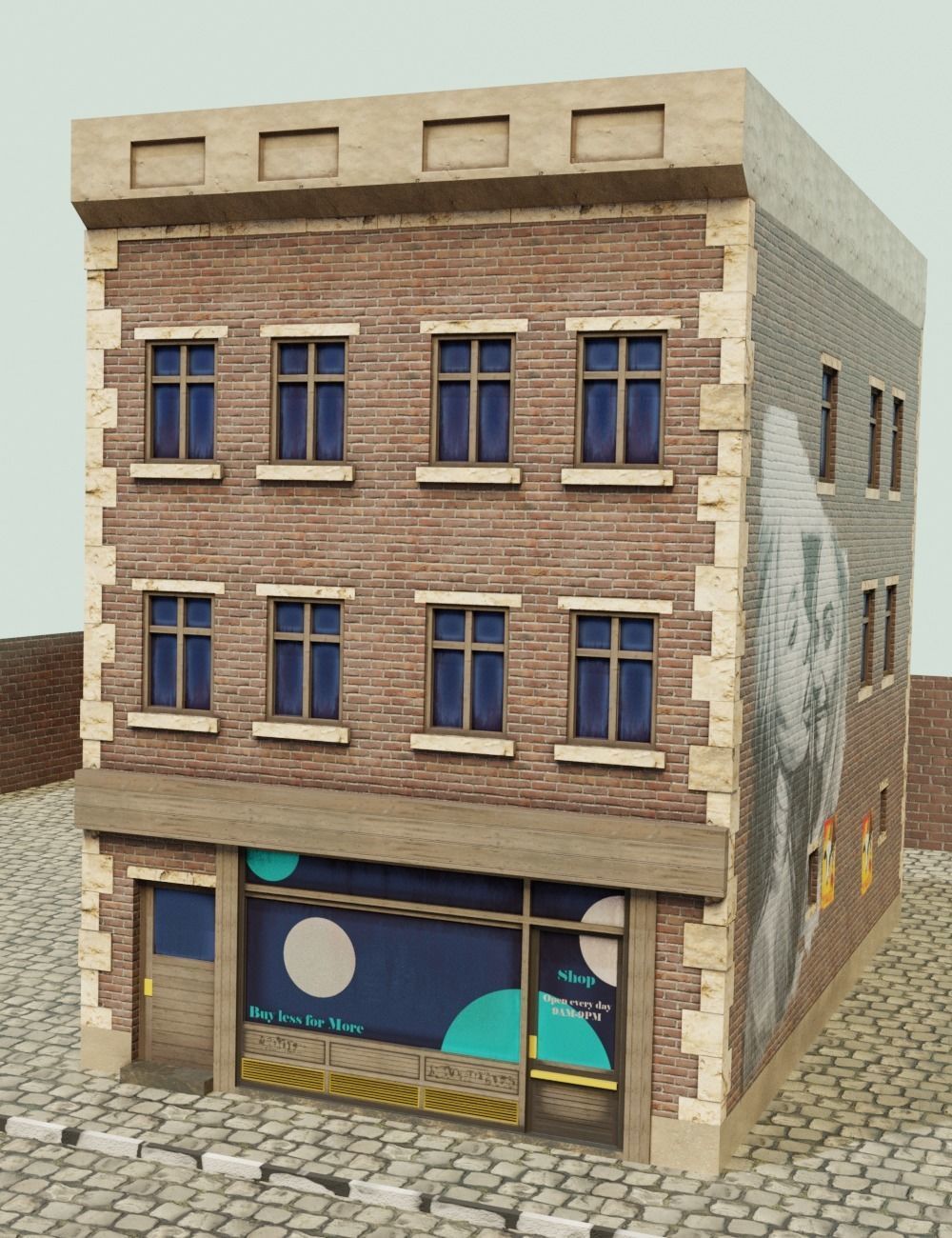 Low Poly Brick building with shop window Low-poly 3D model_6