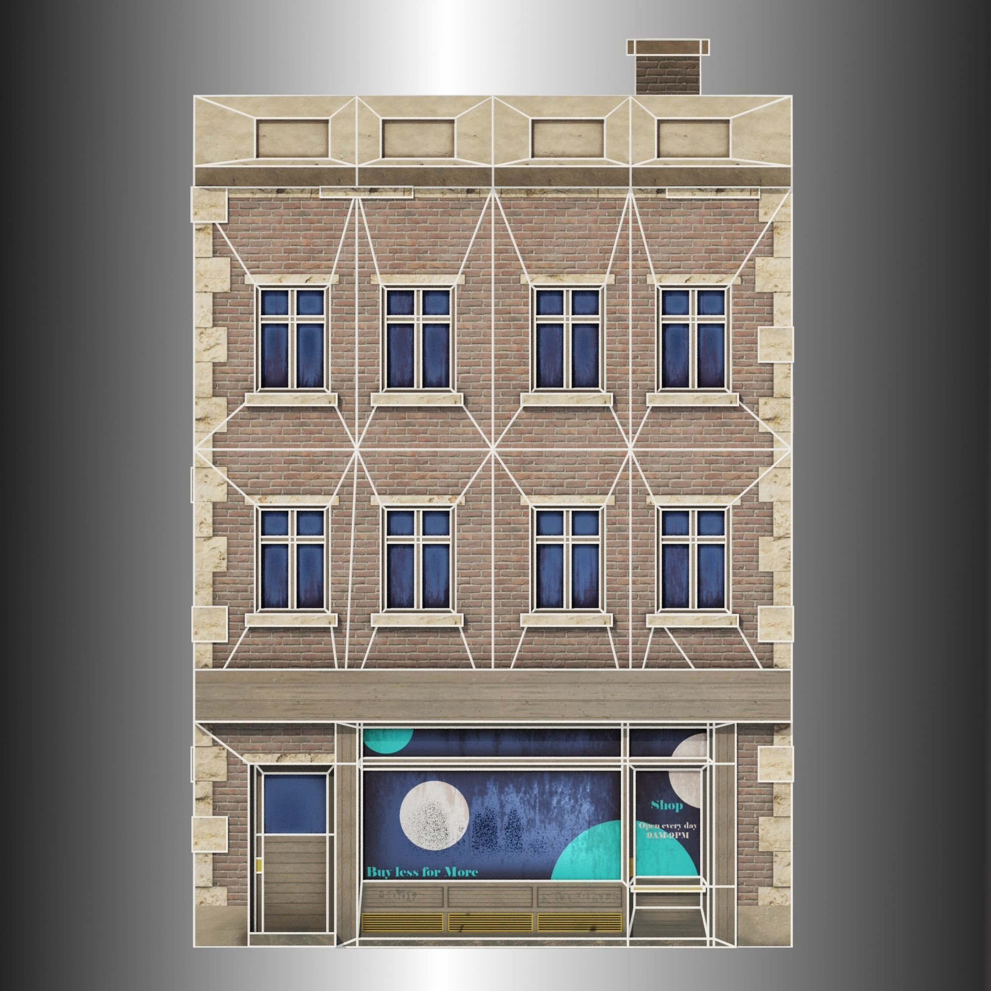 Low Poly Brick building with shop window Low-poly 3D model_10