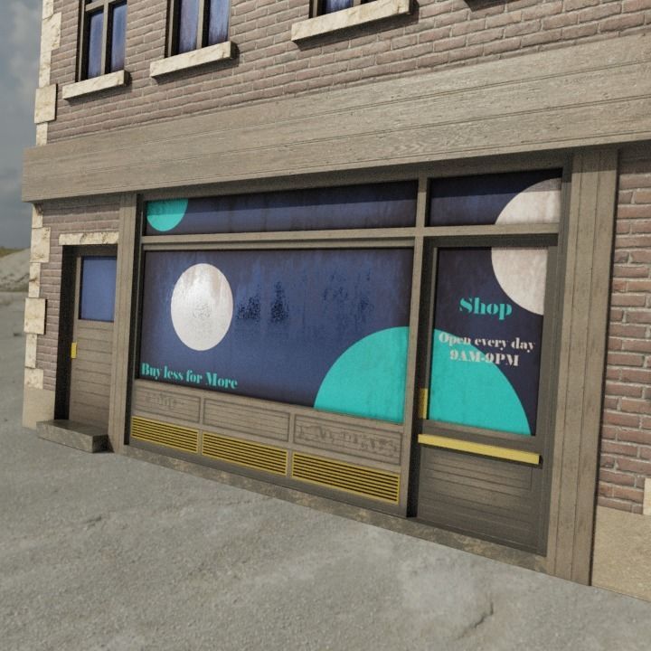 Low Poly Brick building with shop window Low-poly 3D model_9