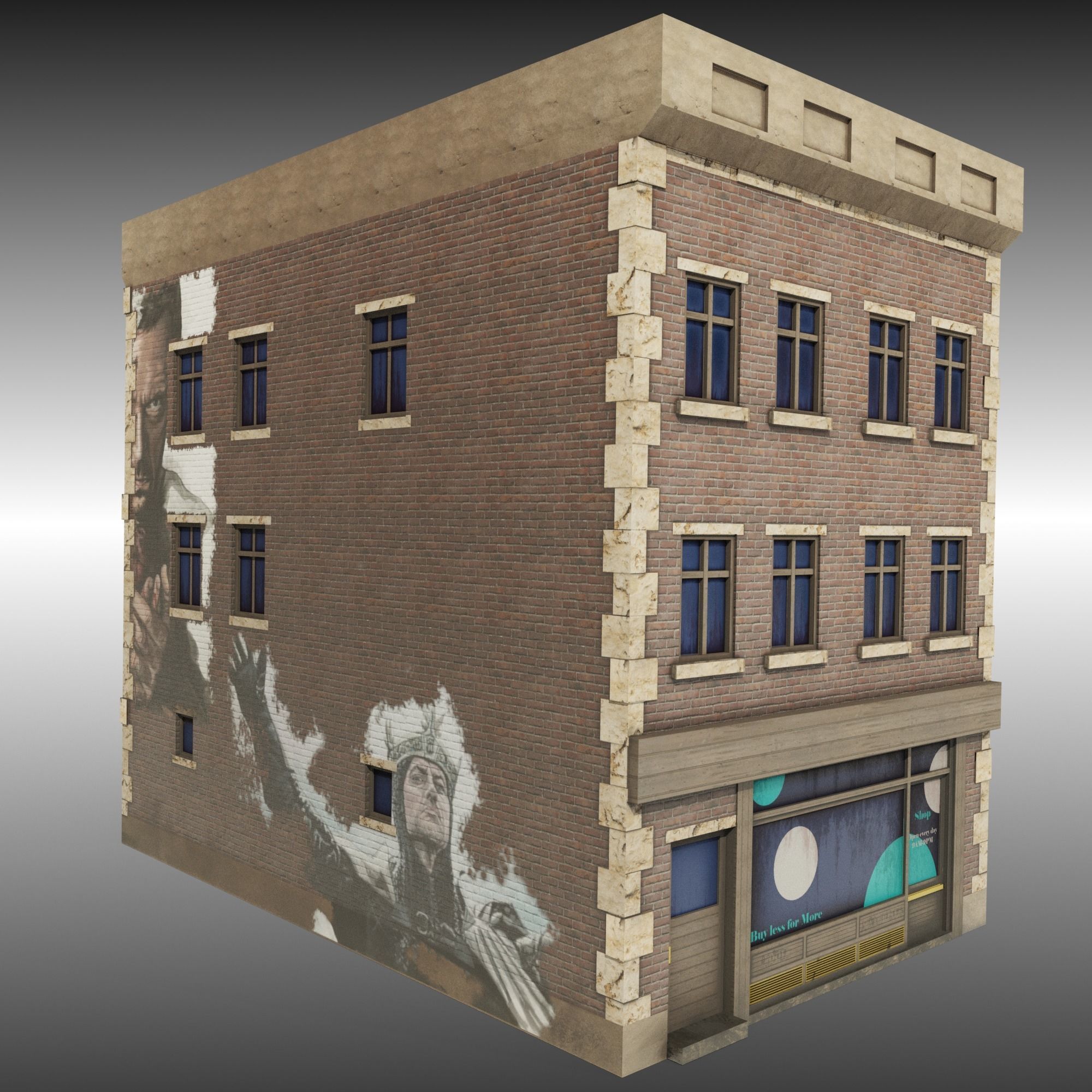 Low Poly Brick building with shop window Low-poly 3D model_3