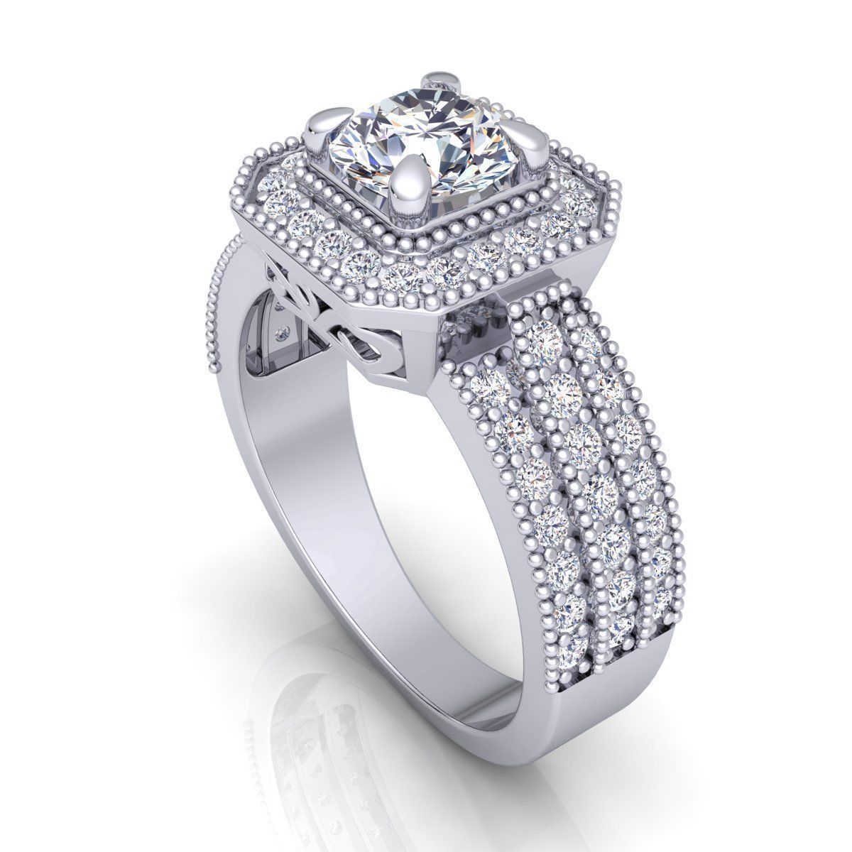 Fancy Halo With Three Row Shank Ring  3D print model_9