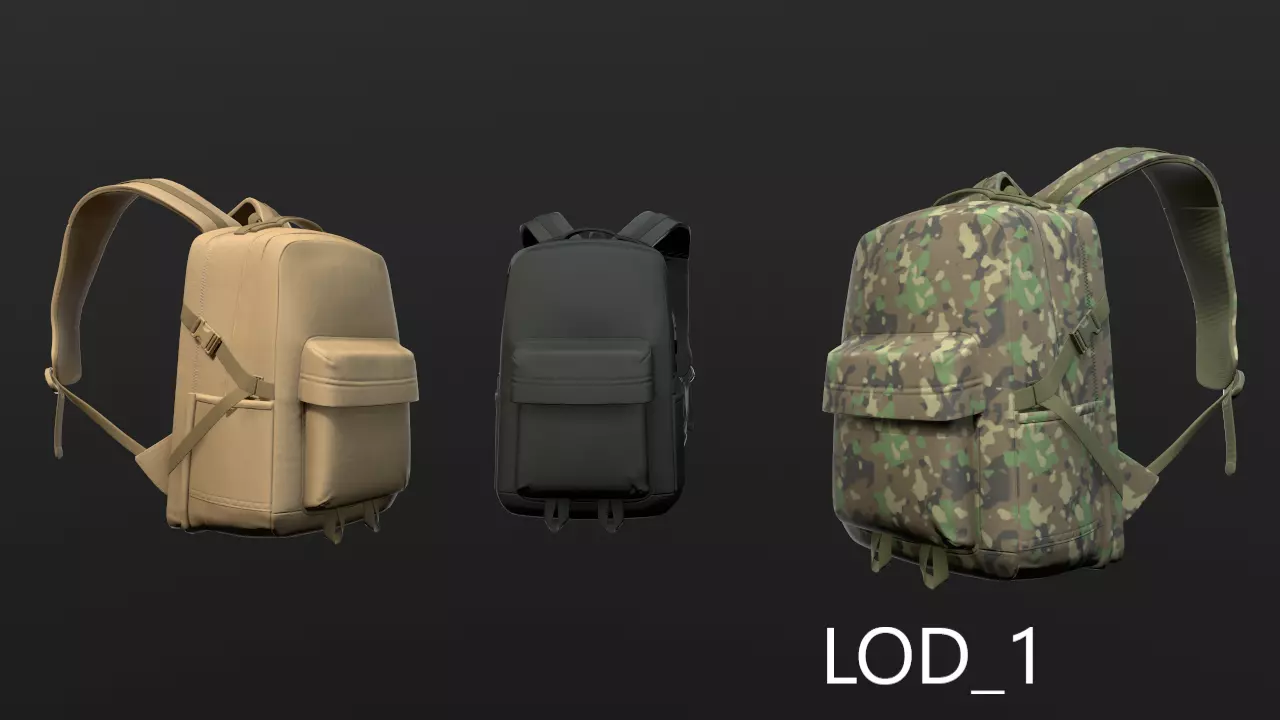 Backpack 2 LODs 3 colors Low-poly 3D model_0