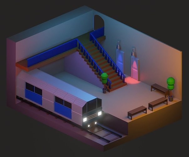 low poly isometric train in subway station Low-poly 3D model