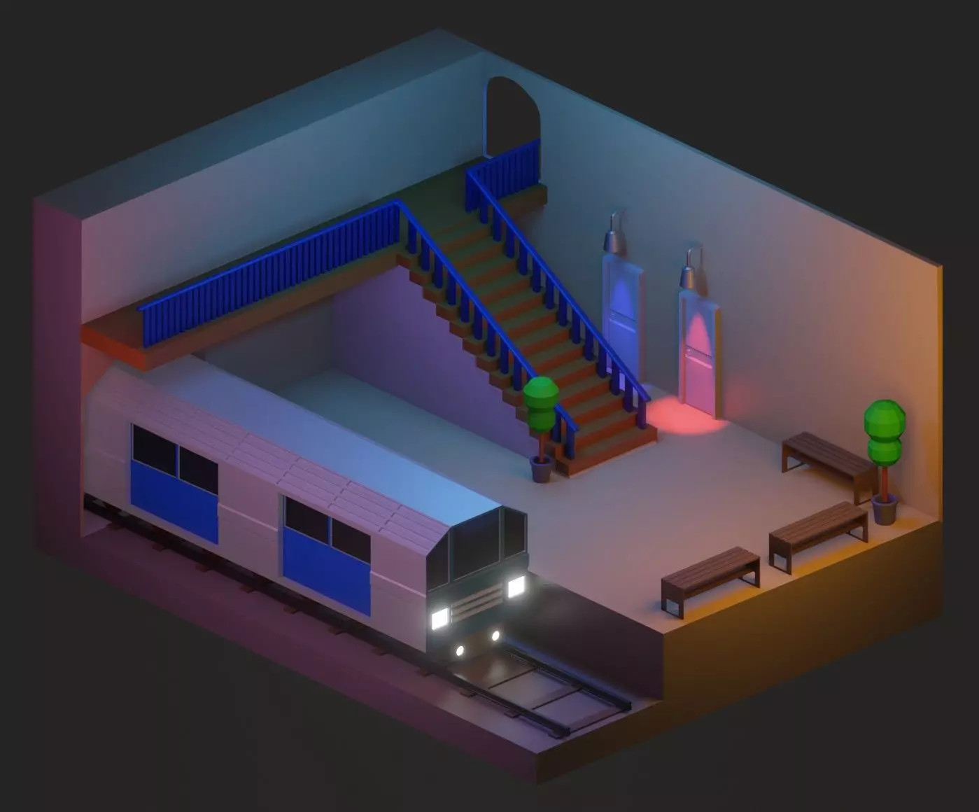 low poly isometric train in subway station Low-poly 3D model_0