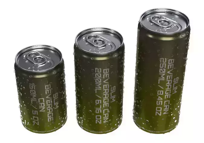 Slim aluminium soda energy drink beverage cans with water drops