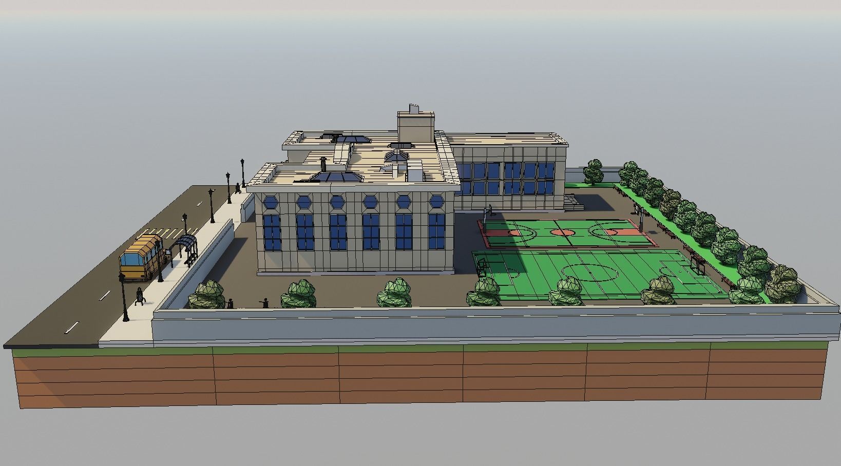 Low poly School building with soccer field Low-poly 3D model_9
