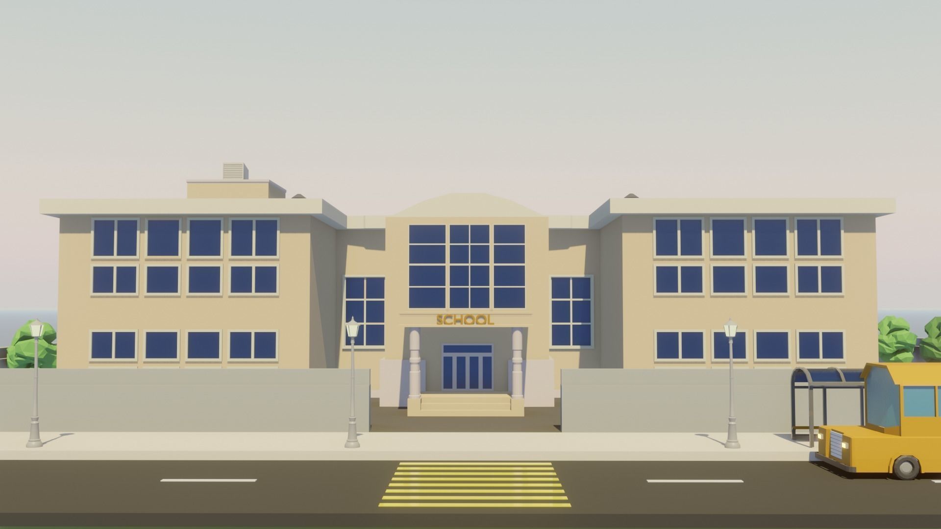 Low poly School building with soccer field Low-poly 3D model_2