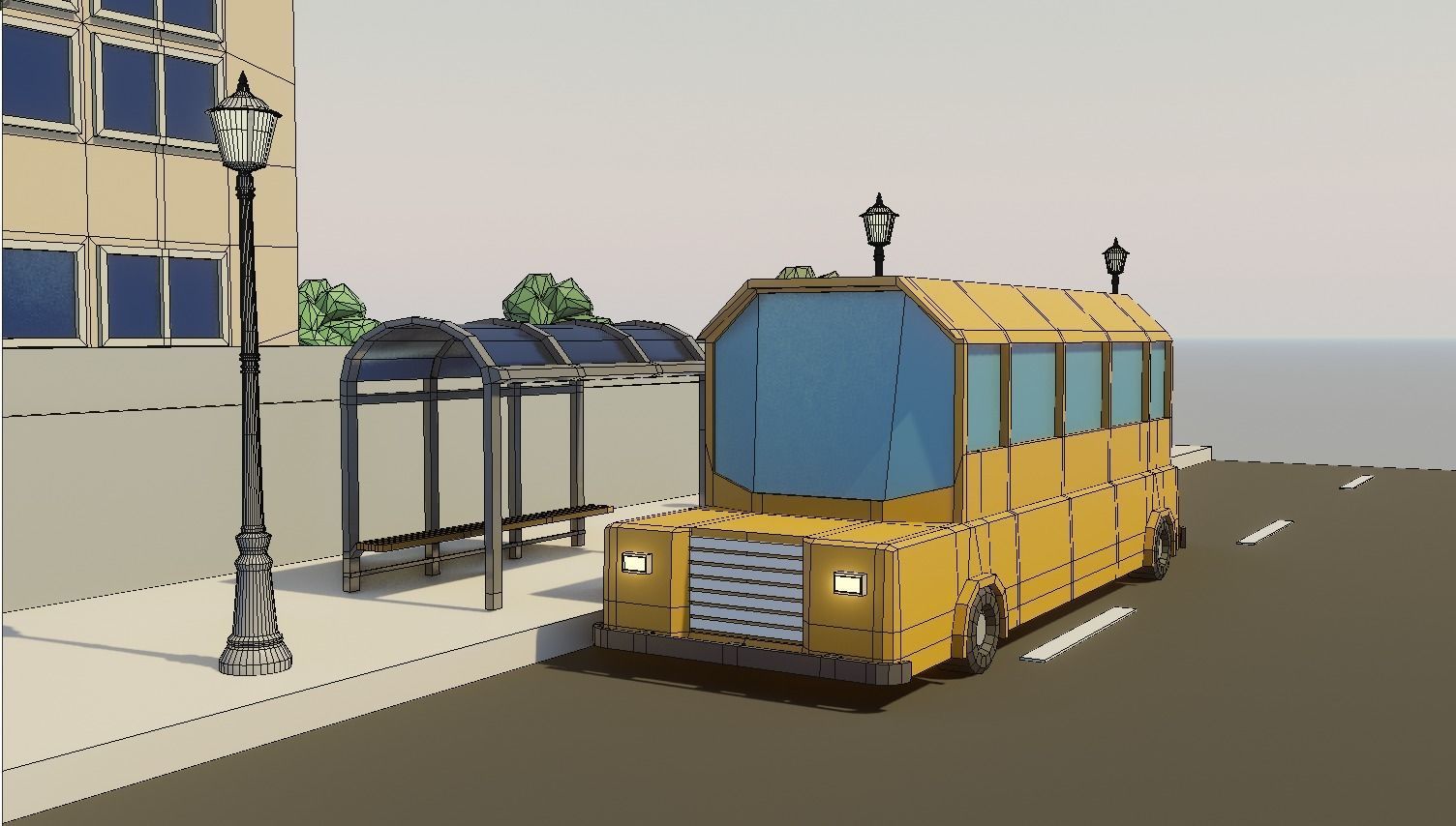 Low poly School building with soccer field Low-poly 3D model_1