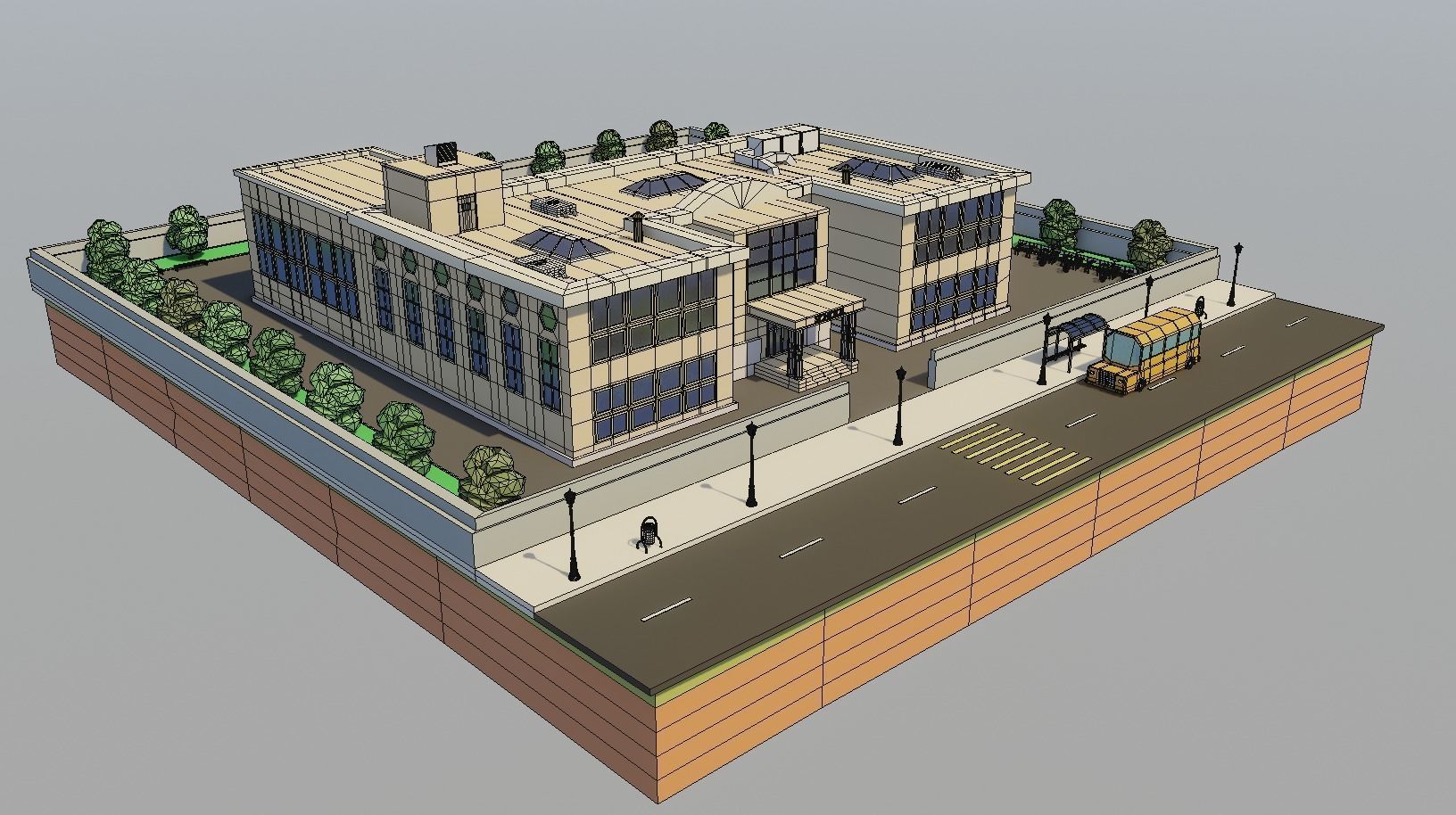 Low poly School building with soccer field Low-poly 3D model_7