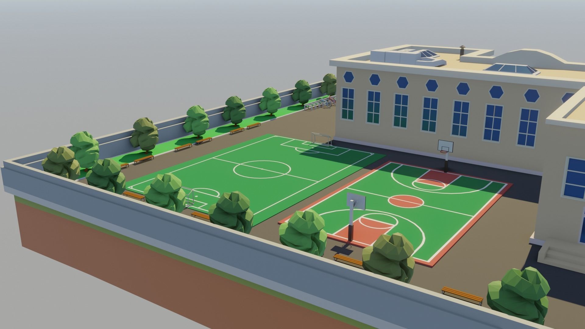 Low poly School building with soccer field Low-poly 3D model_3
