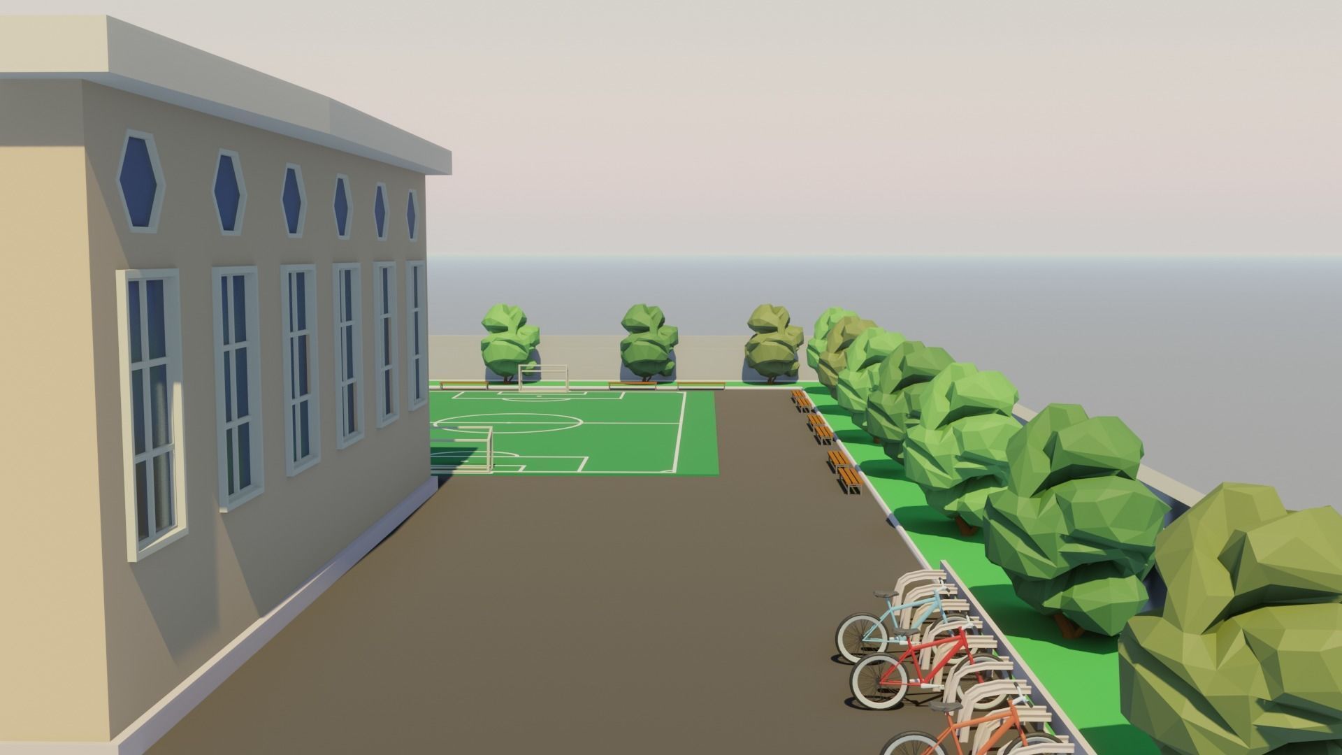 Low poly School building with soccer field Low-poly 3D model_6