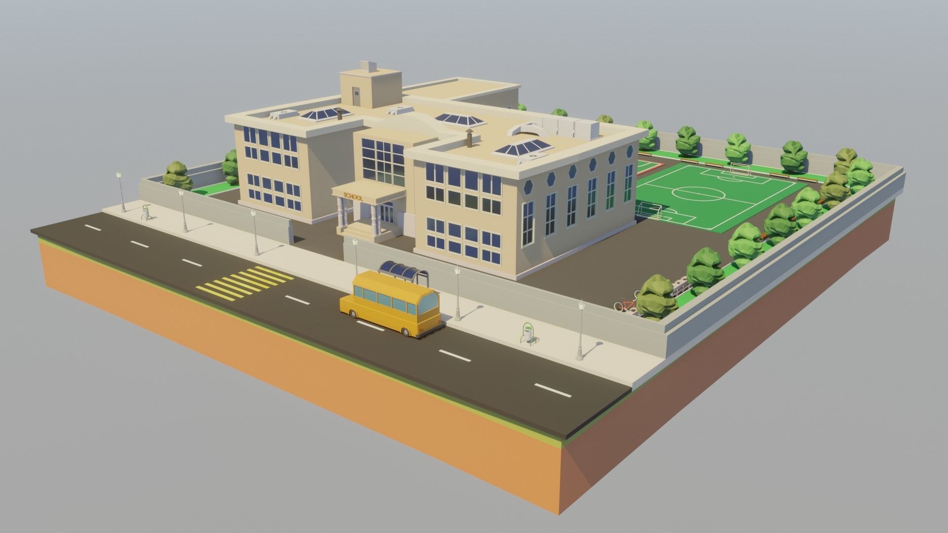 Low poly School building with soccer field Low-poly 3D model_5