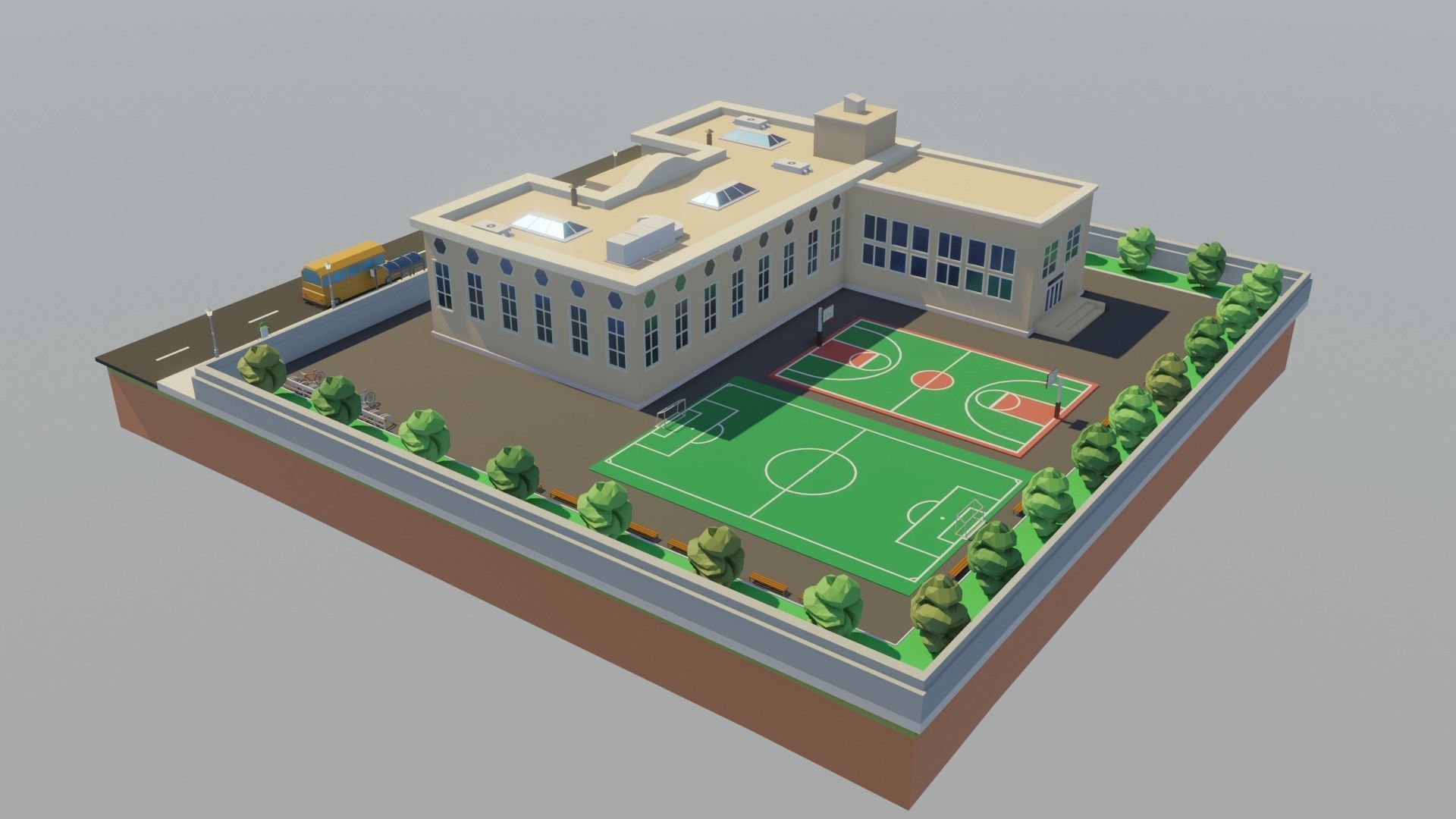 Low poly School building with soccer field Low-poly 3D model_4