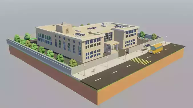 Low poly School building with soccer field Low-poly 3D model